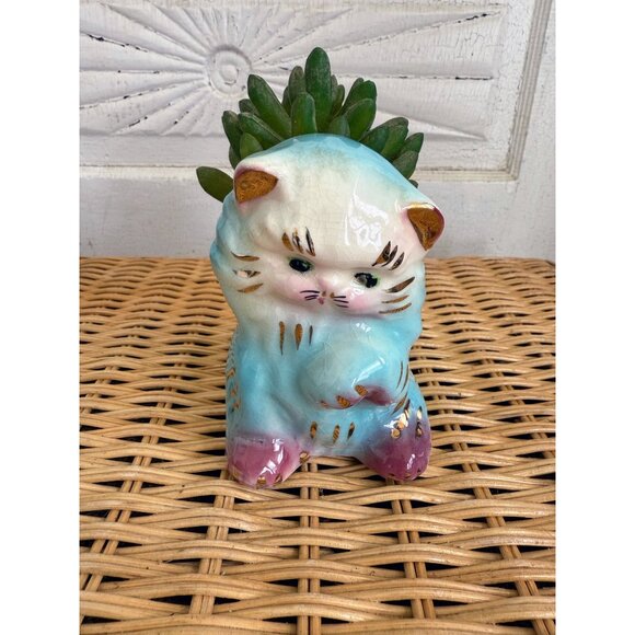 Vintage 50's Blue Ceramic Cat Kitten Planter Pot Vase Kitsch Retro - Picture 8 of 11